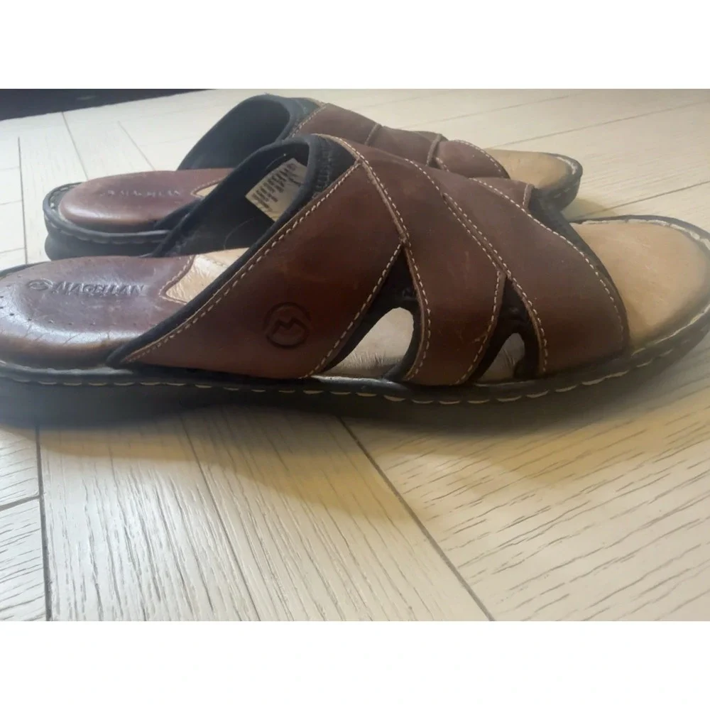 Magellan Men's Brown‎ Leather Outdoor River II Slides Sandals Sz 10. Nature